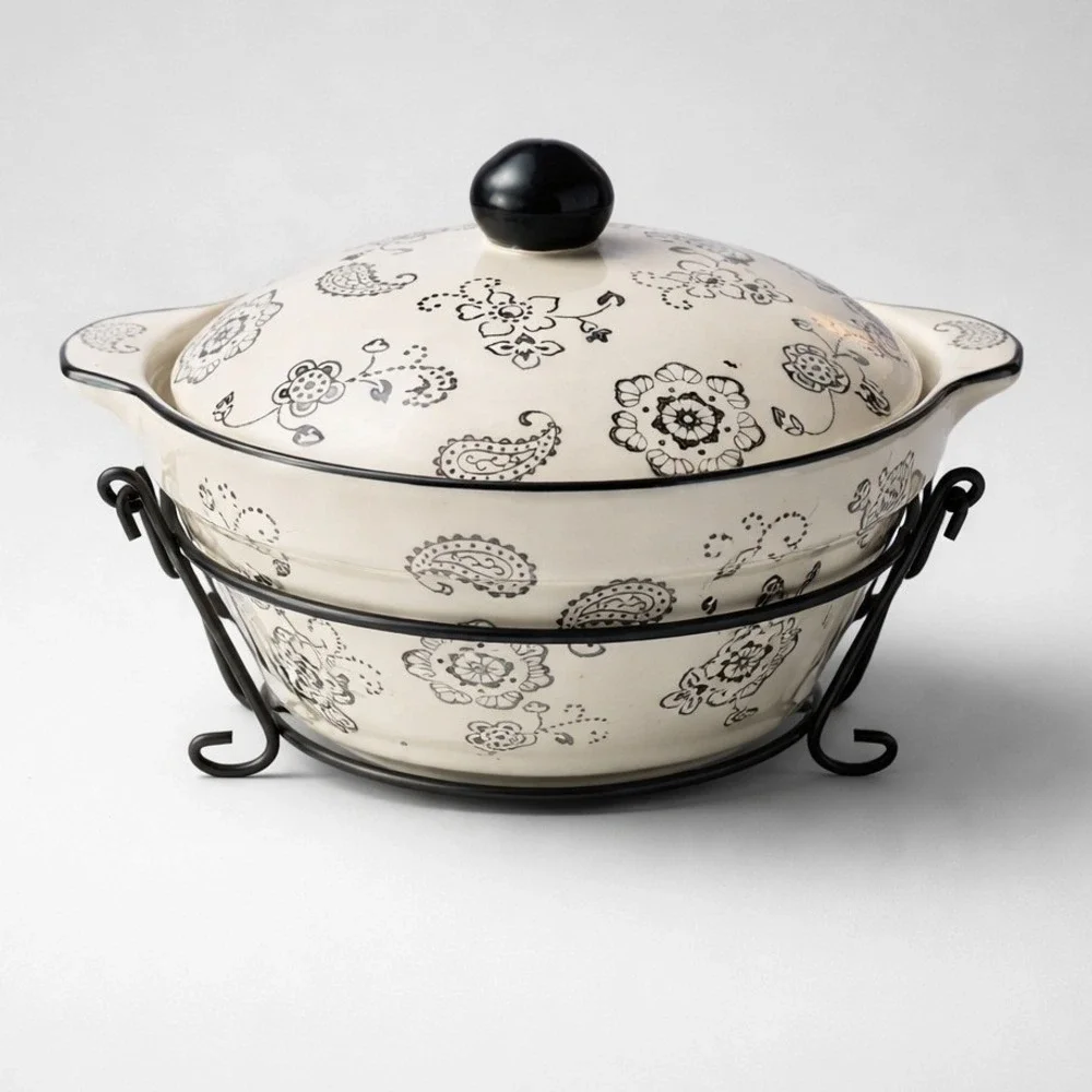 Temp-tations by Tara Paisley Ceramic Casserole Set 2.5QT 1QT Cream Black 5pc‎